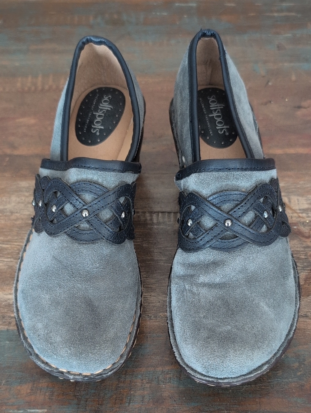 Softspots Comfort Clogs Gray Suede Navy Woven Leather Strap - Women's 8 - Picture 2 of 7